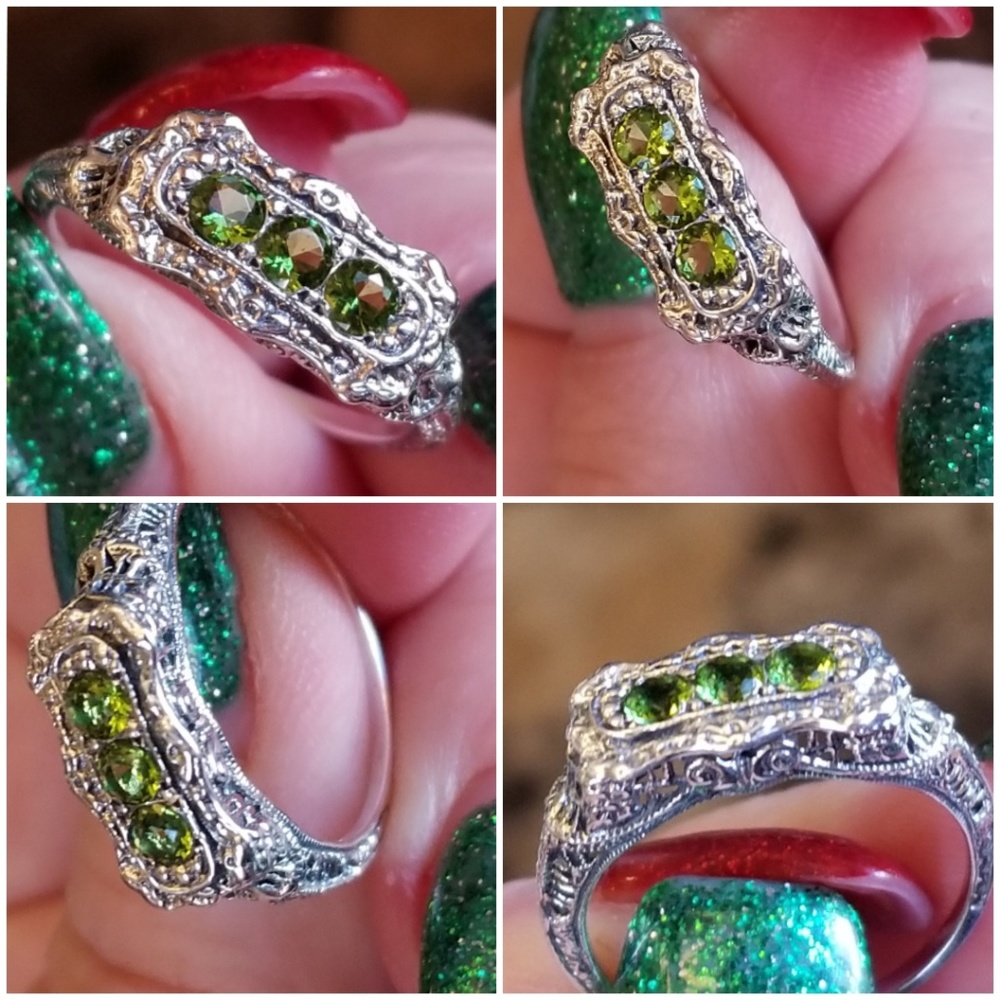 Genuine 1ct 3 gem Peridot Filigree Ring Size 8 - Picture 4 of 6
